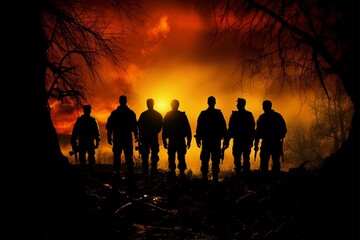 Soldiers shadows blend with dusk, defending their homeland courageously - obrazy, fototapety, plakaty