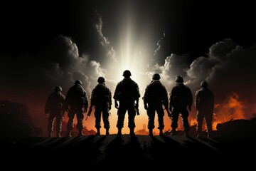 Soldiers silhouette emerges boldly against the blackened background canvas - obrazy, fototapety, plakaty