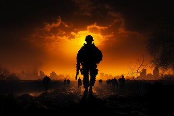 Fototapeta premium Soldiers silhouette endures, a symbol of wartime courage and strength