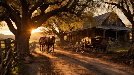 A picturesque Vermont farmstead with a horse-drawn wagon transporting maple syrup barrels in the soft glow of the setting sun - obrazy, fototapety, plakaty