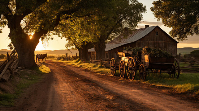 A picturesque Vermont farmstead with a horse-drawn wagon transporting maple syrup barrels in the soft glow of the setting sun