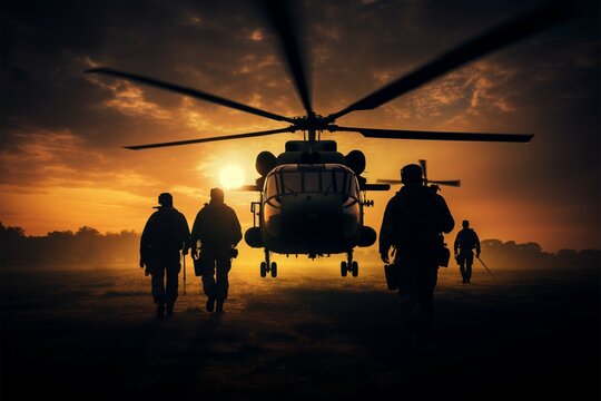 Soldiers silhouettes command attention with a formidable helicopter background