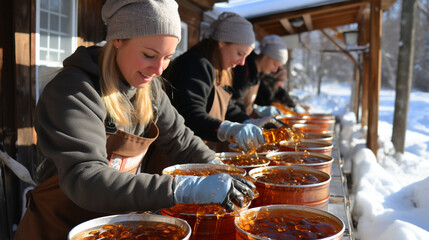 A sugaring team engaged in the meticulous process of filtering and bottling liquid gold - pure maple syrup - obrazy, fototapety, plakaty