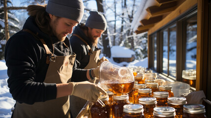 A sugaring team engaged in the meticulous process of filtering and bottling liquid gold - pure maple syrup - obrazy, fototapety, plakaty
