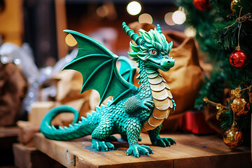 Green dragon on the background of the Christmas tree. Christmas and New Year concept. Selective focus