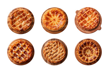 Collection of different tasty pies on wooden board isolated on transparent background, top view