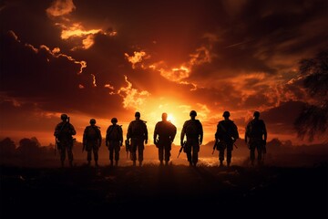 Soldiers stand united, bathed in the golden glow of a sunset