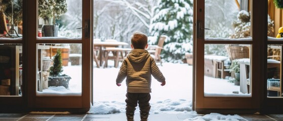 Toddler child standing in front of a big french door 