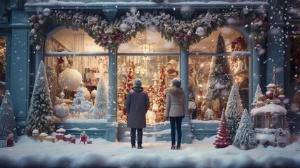 Snow-covered New Year's toy store, two people look at a window decorated with decorations
