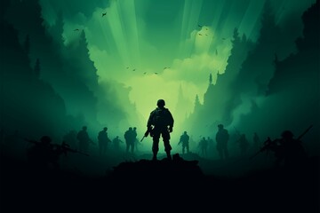 Obraz na płótnie Canvas The military silhouette blends into a seamless dark green gradient