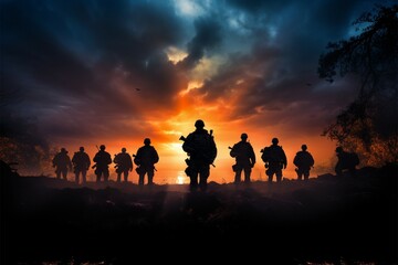 The potent backdrop amplifies the resolute aura of soldiers silhouettes - obrazy, fototapety, plakaty