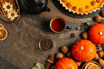 thanksgiving still life with ripe gourds, hot tea and delicious pumpkin pie on stone tabletop
