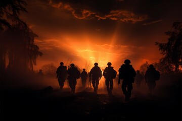 Troop silhouettes emerge within the turbulent theater of military conflict