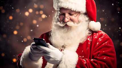 SANTA CLAUS WITH A SMARTPHONE, HORIZONTAL IMAGE. image created by legal AI
