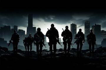Fototapeta na wymiar Urban defense armed forces in silhouette, guns at the ready
