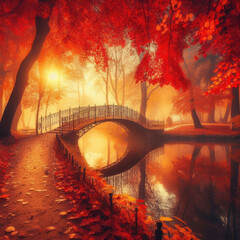 Autumn natural landscape, Lake bridge in autumn forest. romantic view in park with red color tree leaves, autumn celebration, Landscape concept, generative ai