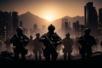 Urban silhouette soldiers bearing arms, protecting the citys safety - obrazy, fototapety, plakaty