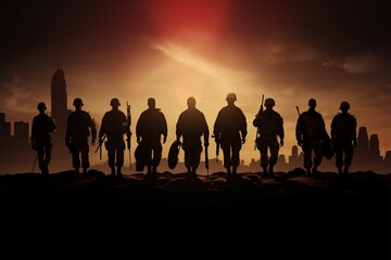 Fototapeta na wymiar Veterans Day Soldiers silhouettes, flags in hand, pay tribute to service