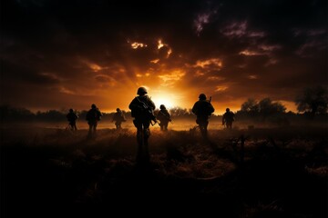 Fototapeta na wymiar A fields horizon embraces soldiers striking silhouettes at dusk