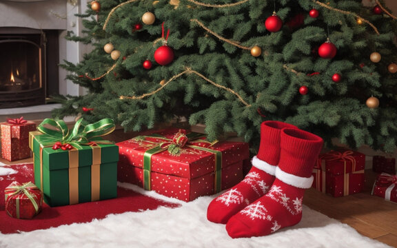 Regali di natale sul pavimento di casa vicino all'albero di Natale - Magia del Natale