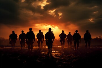 A group of troops gathers, silhouetted against the setting sun