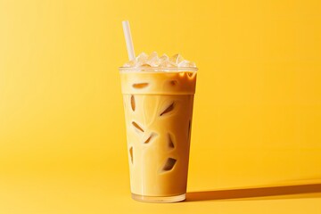 Iced Latte on yellow background.