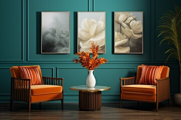 Two arm chairs with round steal table against dark teal wall with three art poster frames. Interior design of modern living room. Created with generative AI