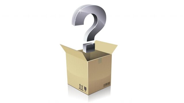 Animation of a 3D cardboard box of a parcel which opens with a metallic question mark coming out with shadow and reflection on the ground on white background,  transparent background and alpha channel