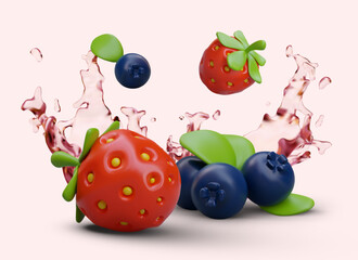 Concept of fresh juicy berries. Vector realistic composition. Colored berries, jets of transparent liquid. Delicious natural juice. Thirst quenching. Appetizing advertising banner