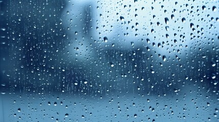 Raindrops on the window. Blue tone.