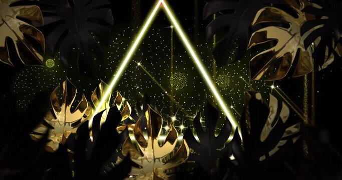 Animation of gold leaves and pattern and fireworks on black background