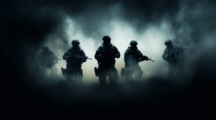 Soldiers with weapons in hands running through billowing smoke screen in tactical capture mission, soldiers silhouettes against dark backdrop embody teamwork courage and valor in face of danger - obrazy, fototapety, plakaty