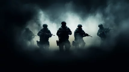 Poster Soldiers with weapons in hands running through billowing smoke screen in tactical capture mission, soldiers silhouettes against dark backdrop embody teamwork courage and valor in face of danger © TRAVELARIUM
