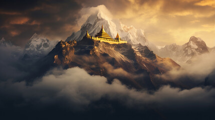 Majestic buddhist temple nestled in misty mountain surroundings at dawn exudes serenity and spiritual awakening, dreamlike tibetan temple radiates atmosphere of calm and tranquility - obrazy, fototapety, plakaty