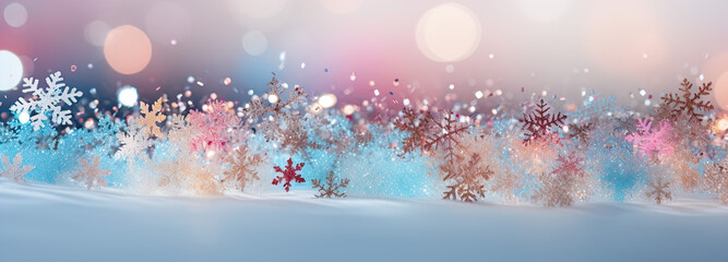 Fototapeta na wymiar Christmas Winter art Christmas winter bokeh Xmas glitter falling on snow, holiday festive background backdrop