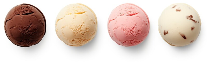 Set of four various ice cream balls or scoops isolated on white background. - obrazy, fototapety, plakaty
