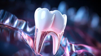 Fotobehang Translucent tooth with visible pulp, vessels and nerves against vibrant abstract backdrop intricate complexity of dental anatomy, maintaining robust tooth roots and vital pulp for oral well being © TRAVELARIUM