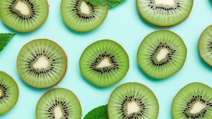 Slices of kiwi fruit and green mint leaves on a light pastel blue background.