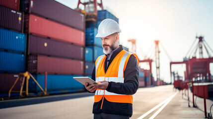 Fototapeta premium Logistics, shipping and construction worker with tablet in shipyard. Transportation engineer on smartphone in delivery, freight and international distribution business in container yard
