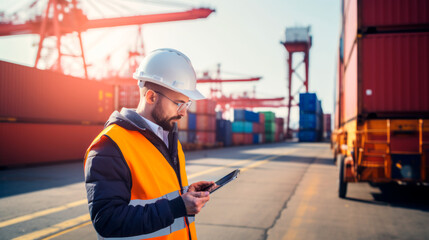 Portrait of a Handsome American Industrial Engineer in White Hard Hat and Safety Vest Working on Tablet Computer. Foreman or Supervisor in Container Terminal.