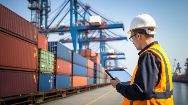 Engineer overlooking container-ship checking containers loading. Area logistics import export and shipping. 