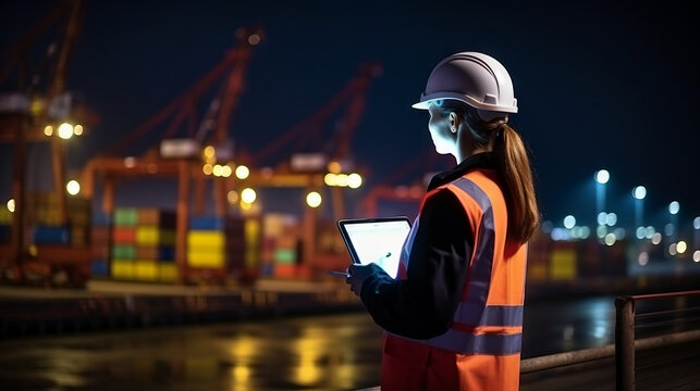 Industrial Harbor inspector in White Hard Hat, High-Visibility Vest Working on Tablet Computer. Inspector or Safety Supervisor in Container Terminal