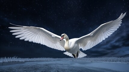A stunning image of a tundra swan in flight against a night sky.