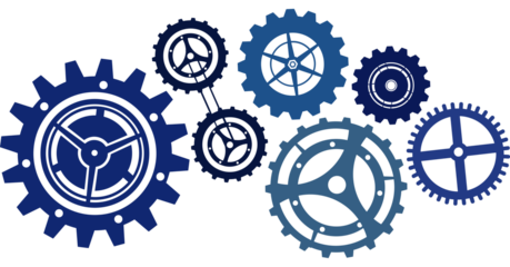 Digital png illustration of many navy blue gears on transparent background