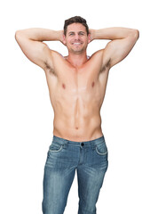 Fototapeta premium Digital png photo of happy caucasian muscular man tensing muscles on transparent background
