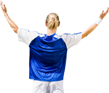 Digital png photo of back view of caucasian sportswoman raising arms on transparent background - Powered by Adobe