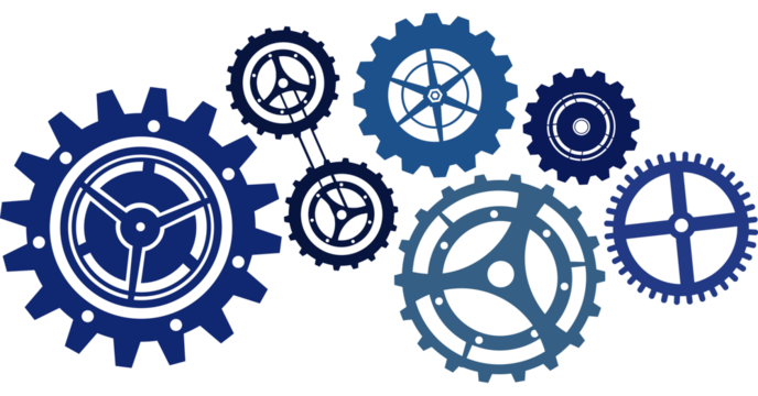 Digital png illustration of many navy blue gears on transparent background