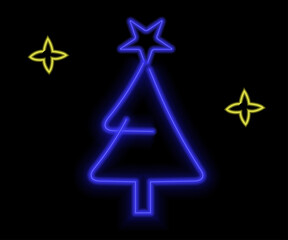 Neon Christmas tree with star, glowing icon. Neon New Year tree silhouette, outline Christmas tree in vivid colors. Festive fir with neon light. Icon set, sign, symbol for UI. Vector illustration