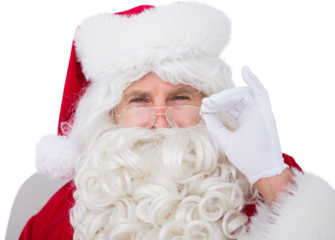 Digital png photo of focused santa adjusting glasses on transparent background