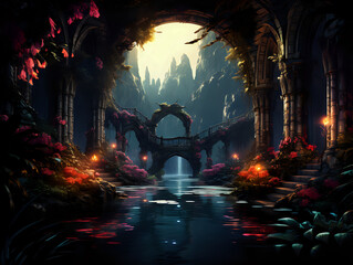 night in the forest with lights, old civilization